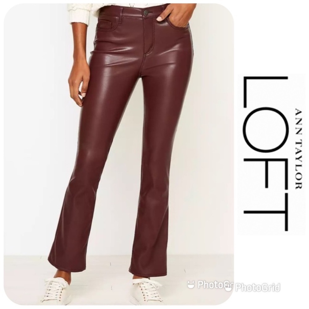 LOFT Faux Leather Flare Crop Jeans in burgundy Wine size 4